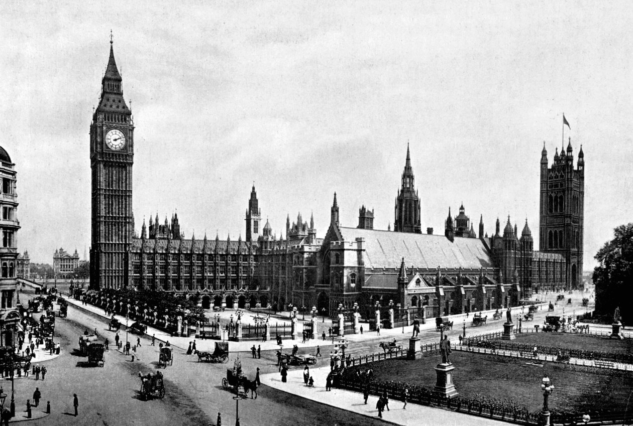 Das Parlament und die Westminster Hall vom Parliament Square aus gesehen, London, ca. 1905 von London Stereoscopic and Photographic Co