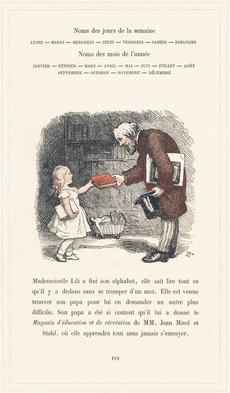 Mademoiselle Lili kann lesen, Seite 40 - Alphabet von Mademoiselle Lili, von L. Froelich und einem Vater (Hetzel selbst). Bibliotheque & Magasin d