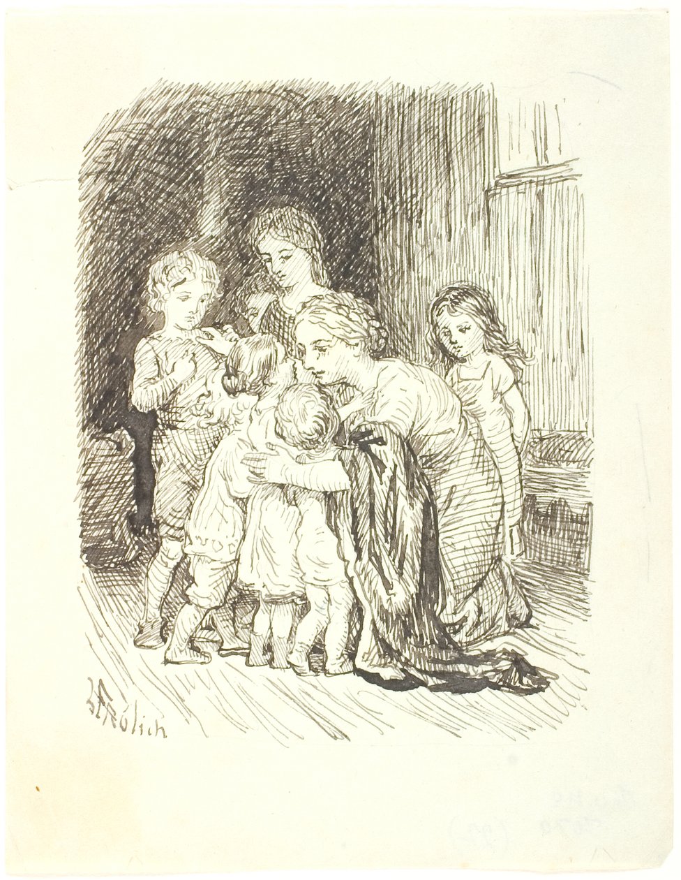Eine Mutter, die kniend eine Gruppe Kinder um sich versammelt von Lorenz Frølich
