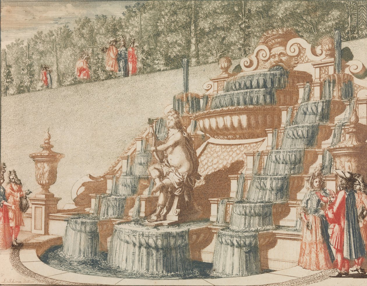 Der Wasserfall von Galathea, an der Westseite des Großen Gartens, in: Tooneel Der Voornaamste..., n.d. von Lorenz Scherm