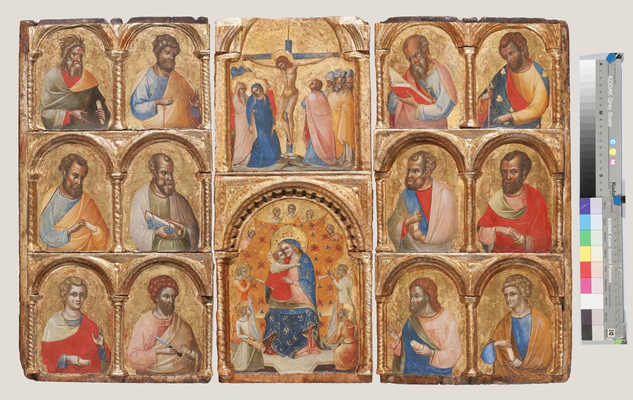 Madonna mit Kind und Engeln, der Kreuzigung und zwölf Aposteln oder Heiligen von Lorenzo Veneziano
