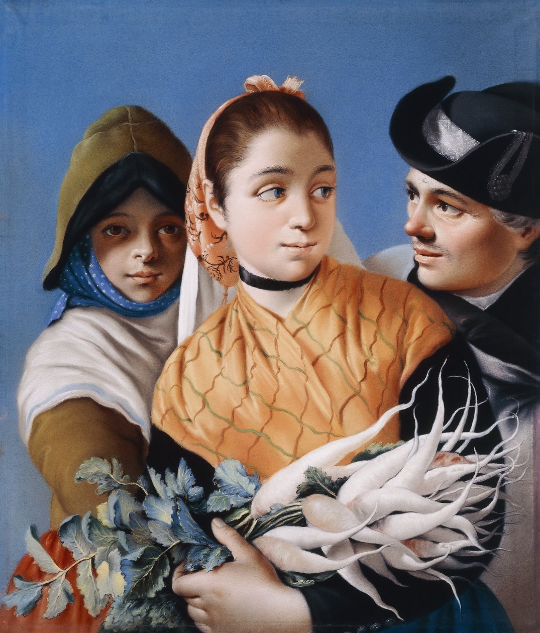 Ein Mädchen in einem orangefarbenen Schal, das Rüben hält, ein Mädchen in einer grünen Haube und Kleid und ein Herr in einem schwarzen Dreispitz von Lorenzo Baldissera Tiepolo