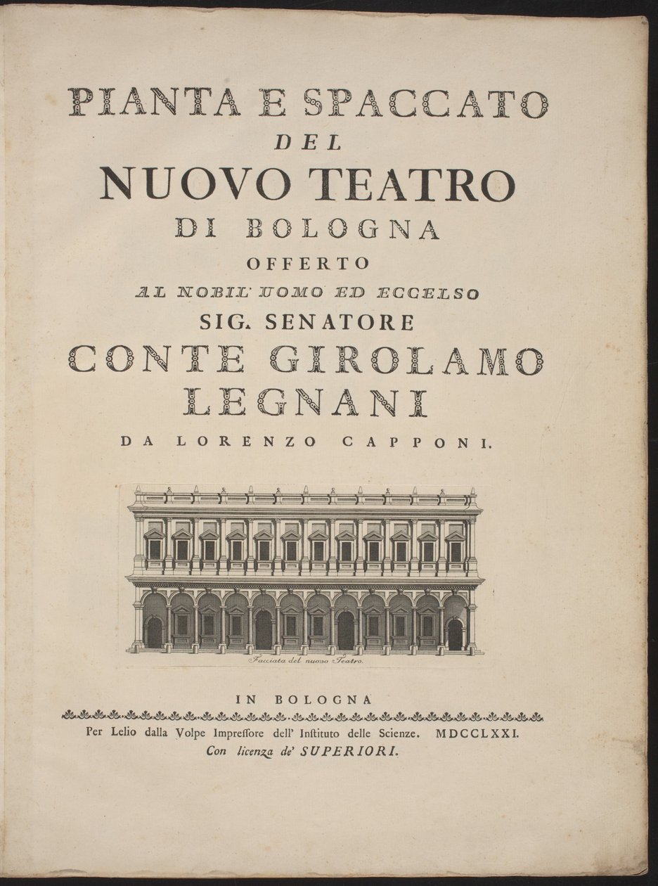 Grundriss und Querschnitt des neuen Theaters von Bologna von Lorenzo Capponi, after Antonio Galli Bibiena