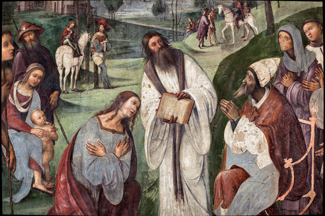 Leben der Hl. Cäcilia: Urban I. lädt Valerian zur Bekehrung ein (Detail) von Lorenzo Costa