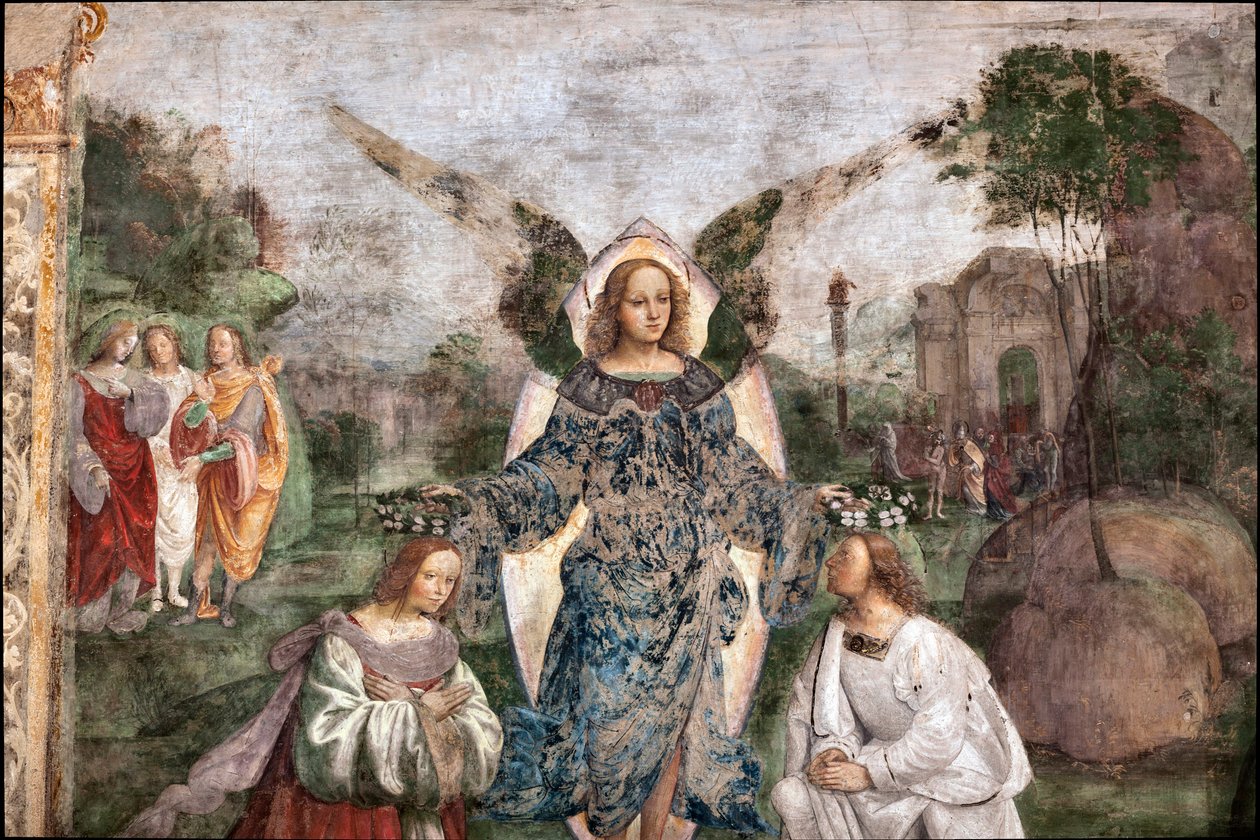 Leben der heiligen Cäcilia: Valerian und Cäcilia von einem Engel gekrönt (Detail) von Lorenzo Costa