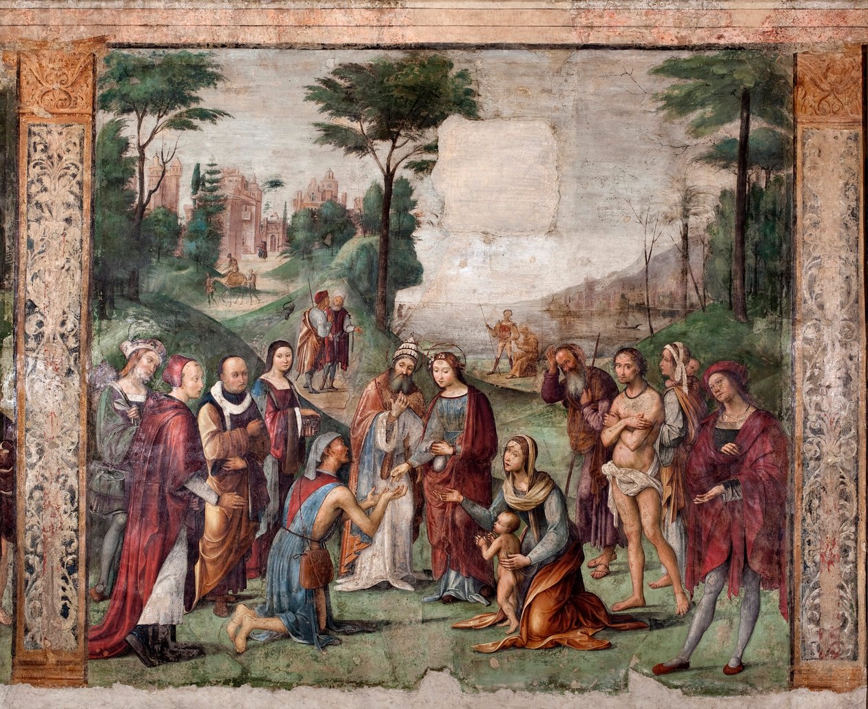 Leben der Hl. Cäcilia: Die Heilige gibt ihre Besitztümer den Armen (Fresko) von Lorenzo Costa