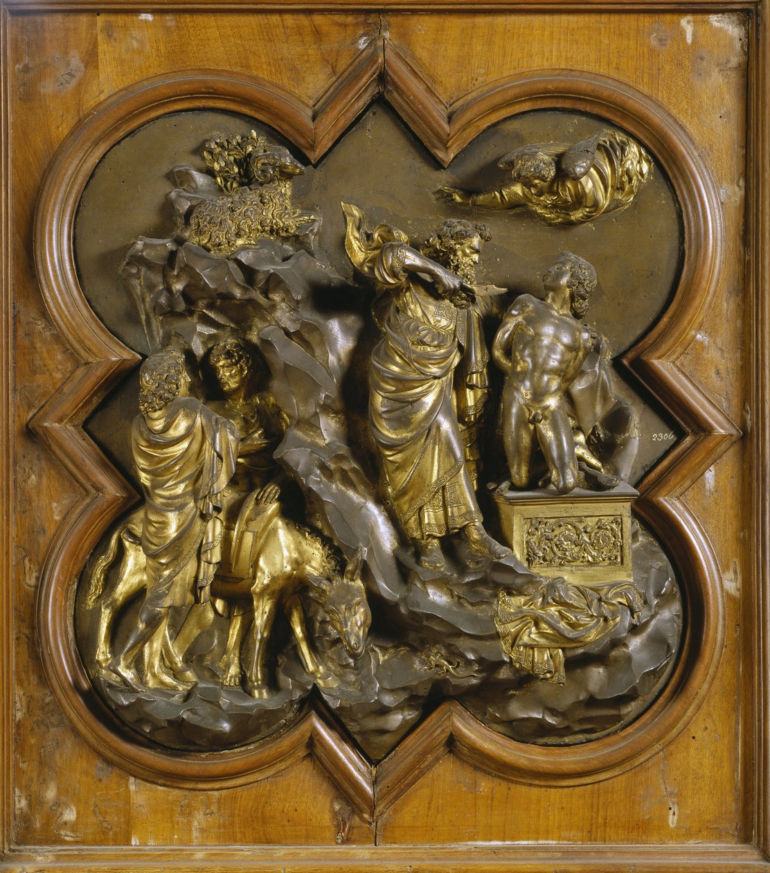 Das Opfer Isaaks. Originaltafel der Paradiespforte (Ostpforte des Baptisteriums), nach der Restaurierung. Vergoldete Bronze von Lorenzo Ghiberti (1378-1455), 1425-52. Museo dell Bargello, Florenz. von Lorenzo Ghiberti