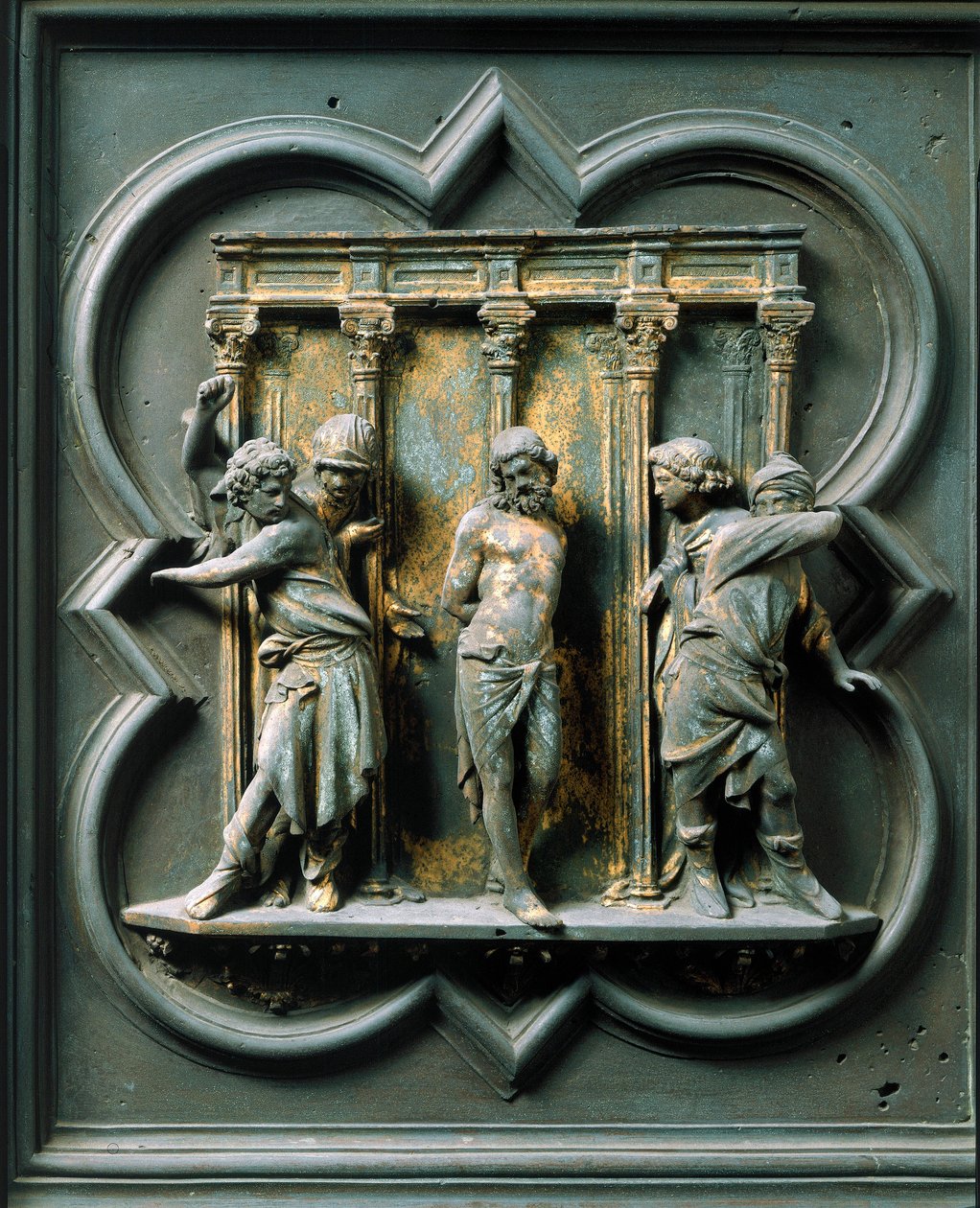 Nordtor (genannt Kreuztor, im Norden), Außendetail: Die Geißelung. Bronzeskulptur von Lorenzo Ghiberti von Lorenzo Ghiberti