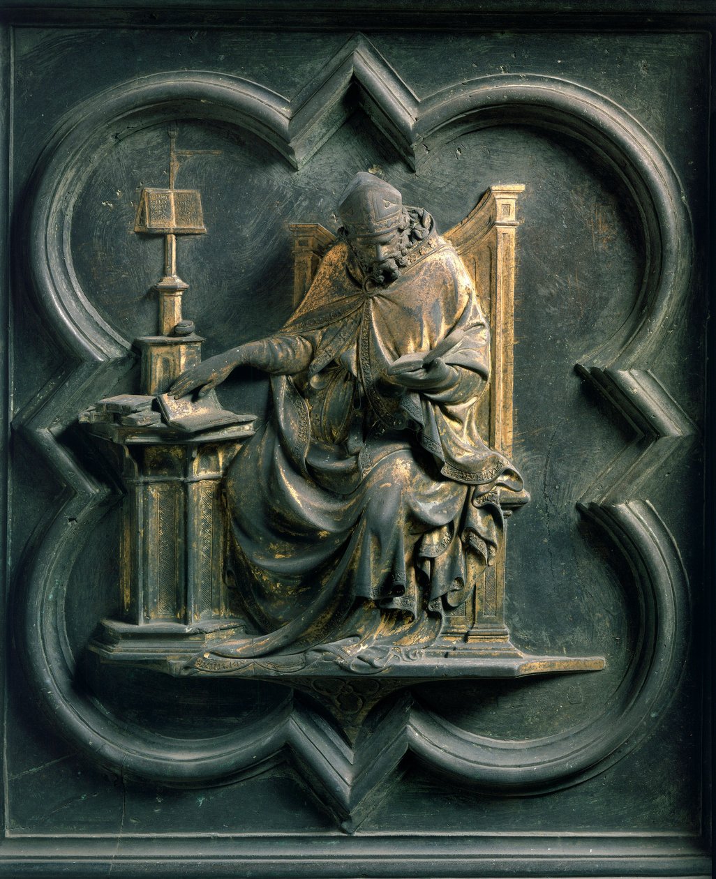 Nordtor (genannt Tor des Kreuzes, Norden), Außendetail: Heiliger Ambrosius. Bronzeskulptur von Lorenzo Ghiberti (1378-1455) von Lorenzo Ghiberti