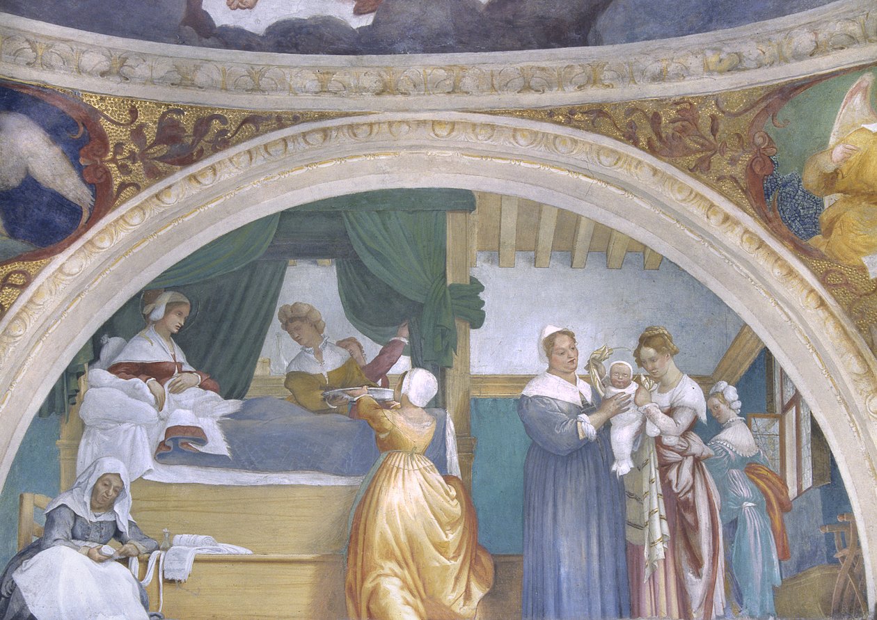 Geburt der Jungfrau, Lünette aus der Lotto-Kapelle, 1525 von Lorenzo Lotto