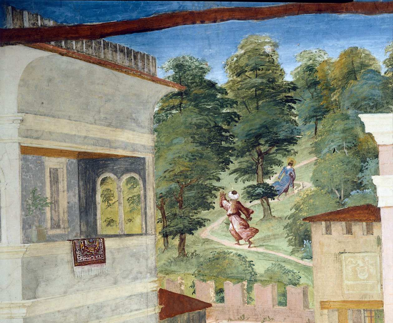 Heilige Barbara wird durch den Wald gejagt, Christus-Weinstock und Legende der Heiligen Barbara (Detail) von Lorenzo Lotto