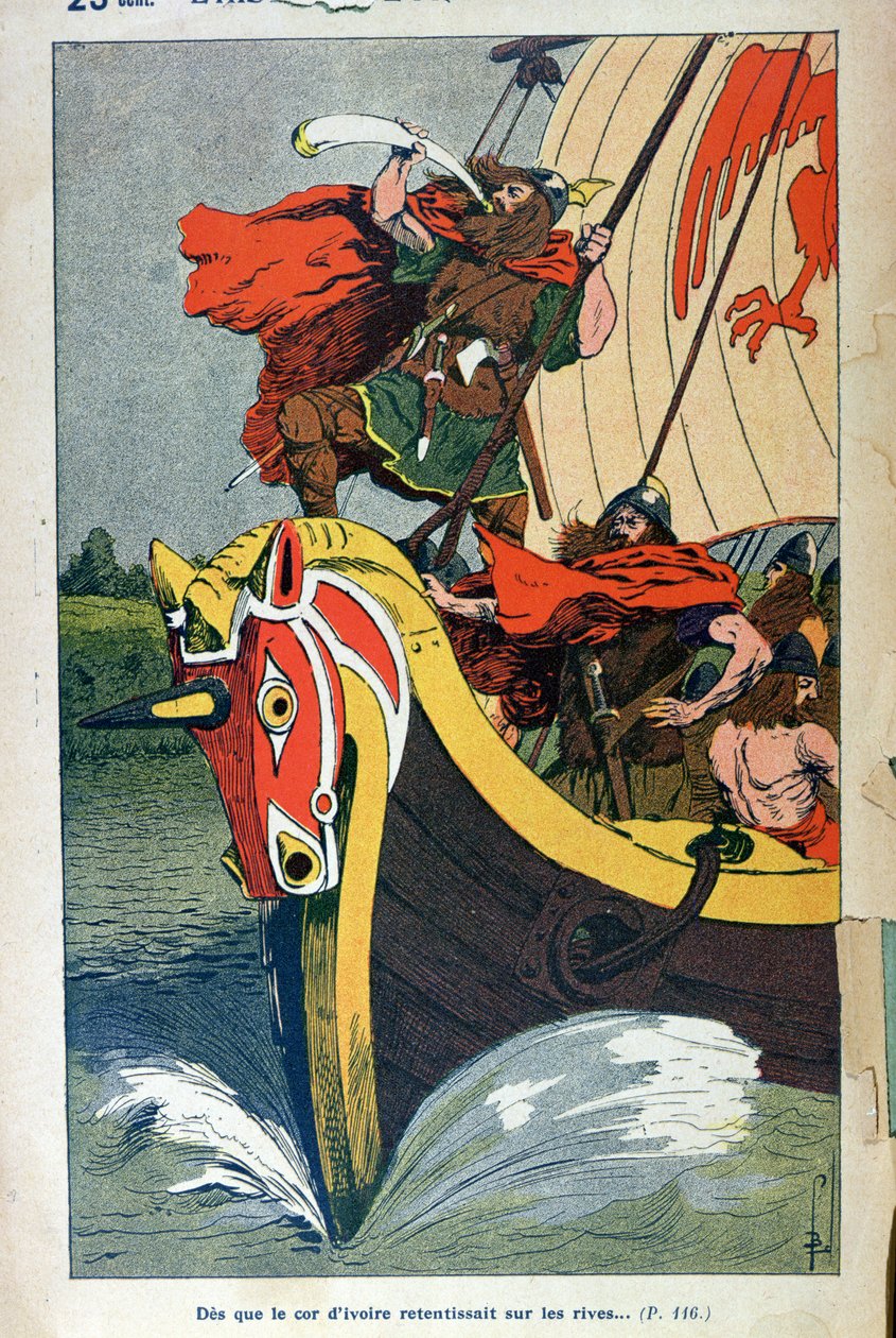 Wikinger bläst das Horn auf einem Langschiff, das sich der norwegischen Küste nähert, illustriert aus einer populären Ausgabe von 