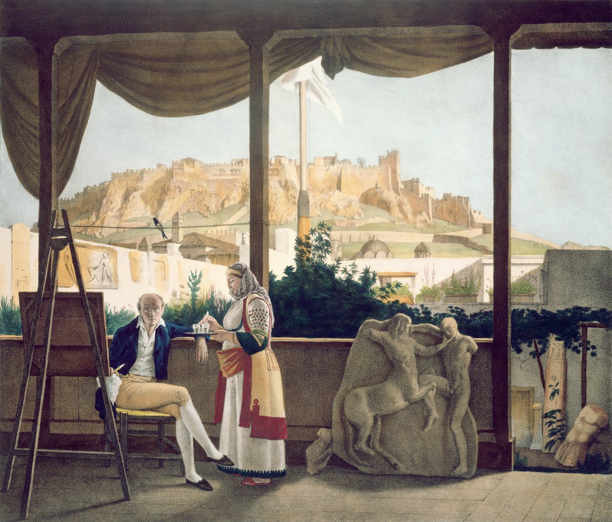 Der französische Konsul, Monsieur Fauvel, auf der Terrasse seines Hauses in Athen, graviert von den Thierry-Brüdern, 1825 von Louis Dupré
