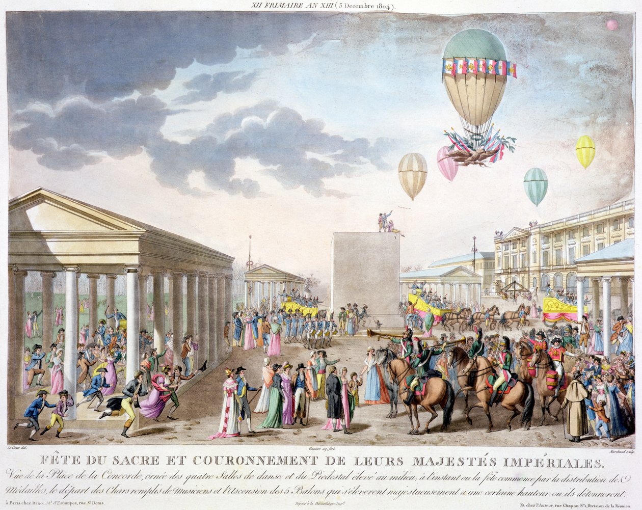 Heiliges Fest und Krönung ihrer Kaiserlichen Majestäten, Ansicht des Place de la Concorde, Paris, graviert von Marchand, veröffentlicht 1806 (handkolorierte Gravur) von Louis Le Coeur