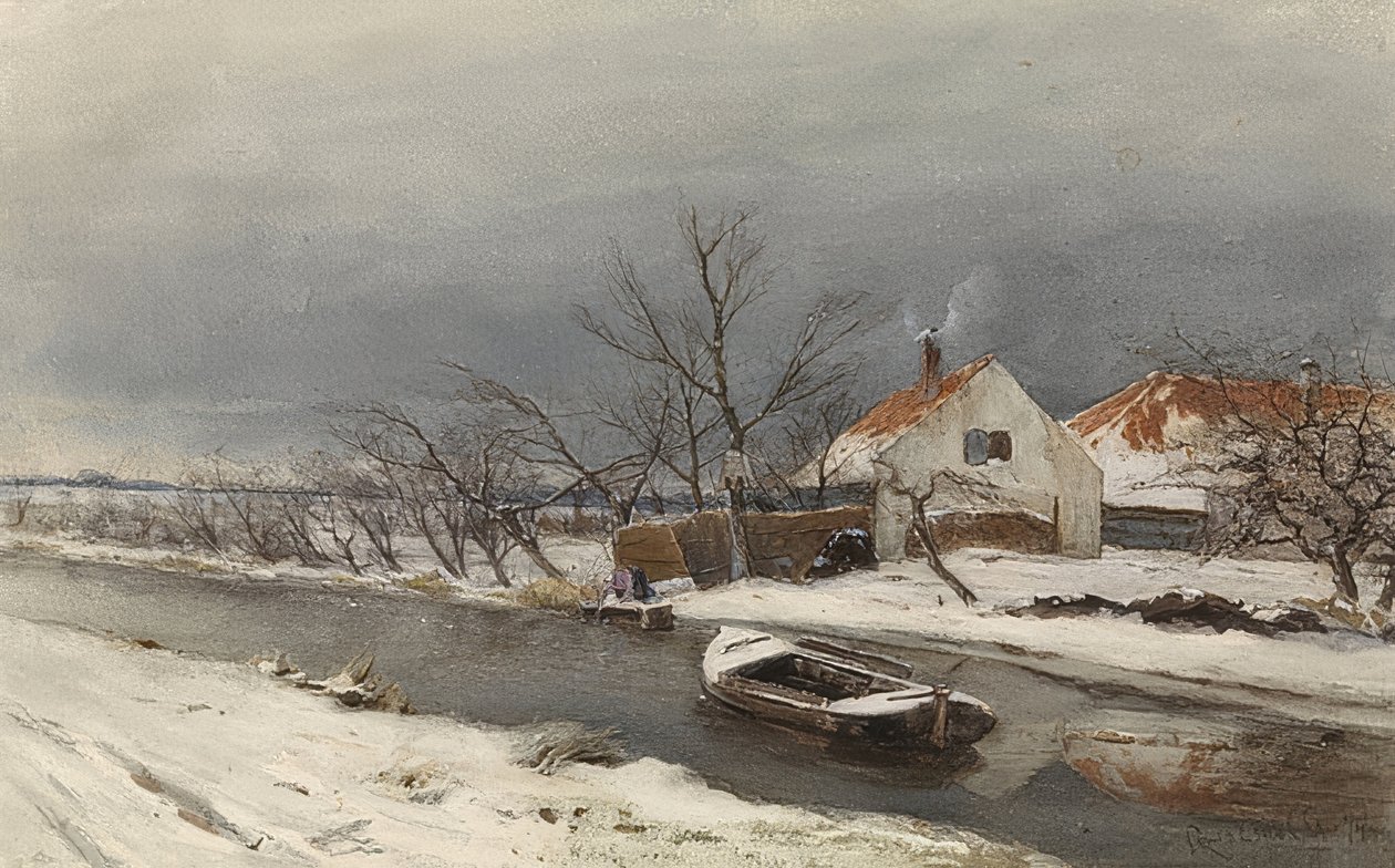 Winterlandschaft mit Häusern und einem Kanal (Winterlandschap met huizen aan een vaart), 1874 von Louis Apol
