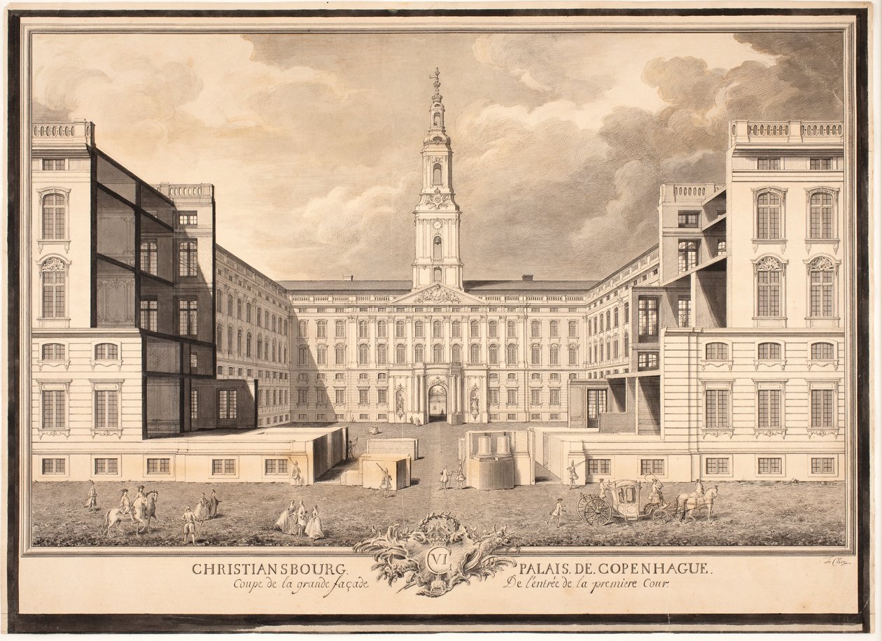 Christiansborg Palais in Kopenhagen. Querschnitt der großen Fassade des Eingangs zum ersten Hof von Louis Auguste Le Clerc