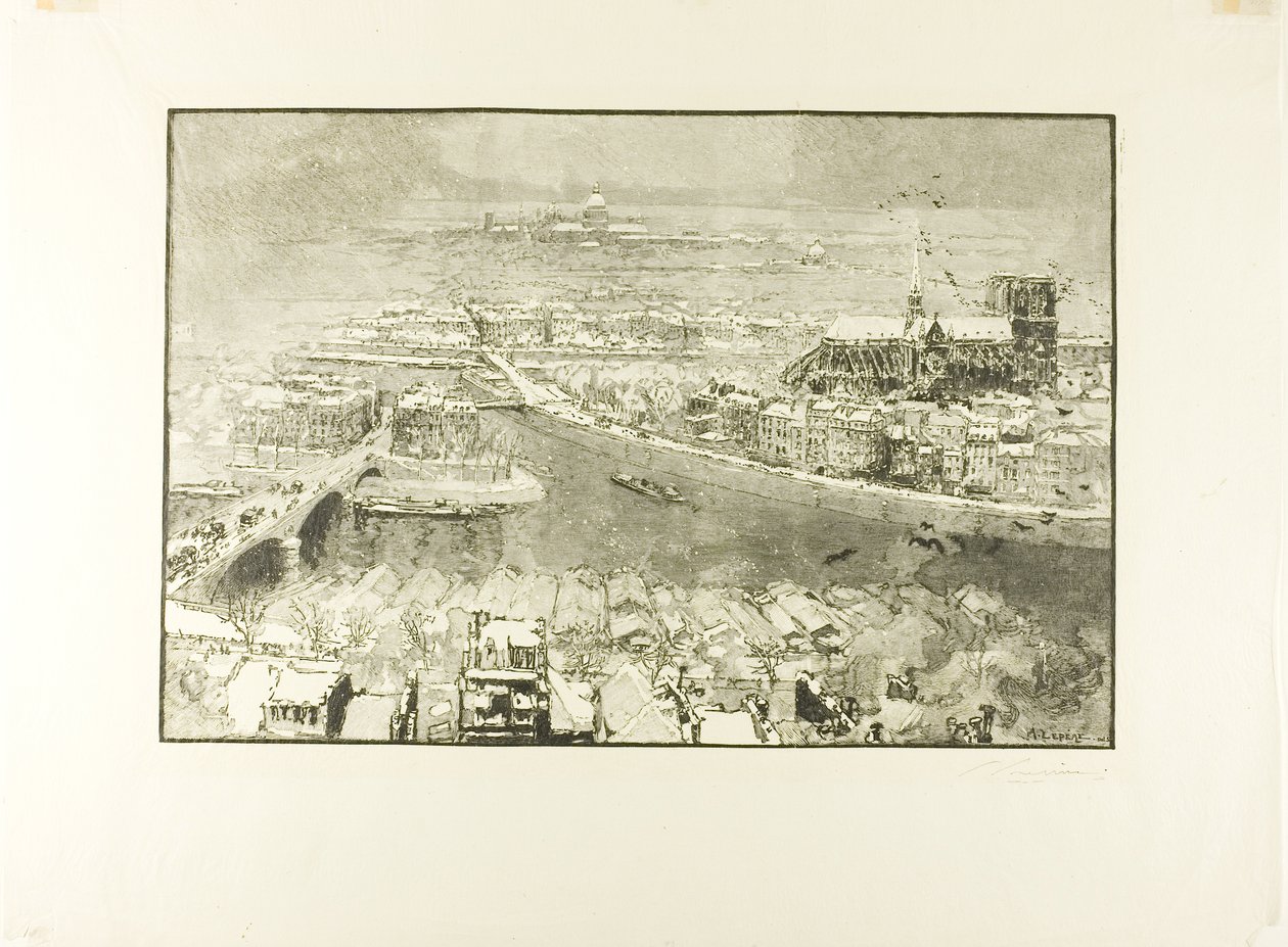 Paris im Schnee, gesehen vom Turm von Saint-Gervais von Louis Auguste Lepère