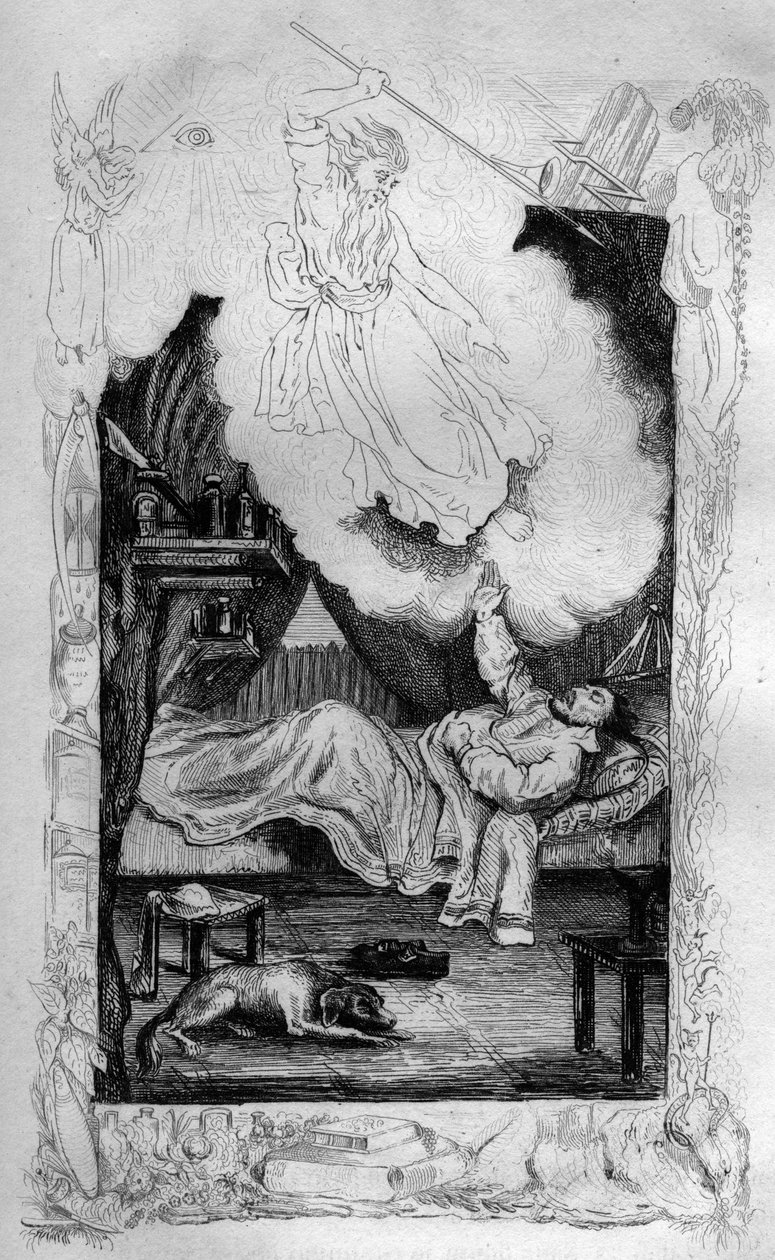 Weil du dich nicht bekehrt hast, wirst du sterben... Gravur nach der Zeichnung von M. de Sainson für das Buch von Daniel Defoe „Robinson Crusoe“ französische Ausgabe von 1837. von Louis Auguste de Sainson