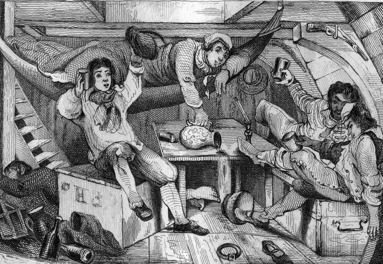 Ich war betrunken und in einer Nacht der Ausschweifung ertränkte ich all meine Reue... Gravur nach einer Zeichnung von M. de Sainson für das Buch von Daniel Defoe „Robinson Crusoe“, französische Ausgabe von 1837 von Louis Auguste de Sainson