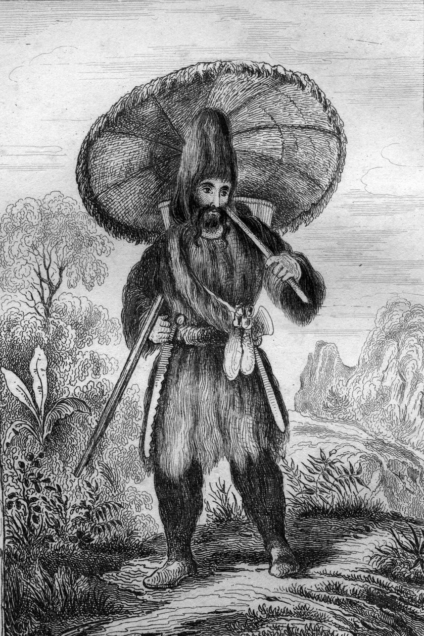 Ich trug einen Hut von einer Höhe... Gravur nach der Zeichnung von M. de Sainson für das Buch von Daniel Defoe „Robinson Crusoe“ französische Ausgabe von 1837. von Louis Auguste de Sainson