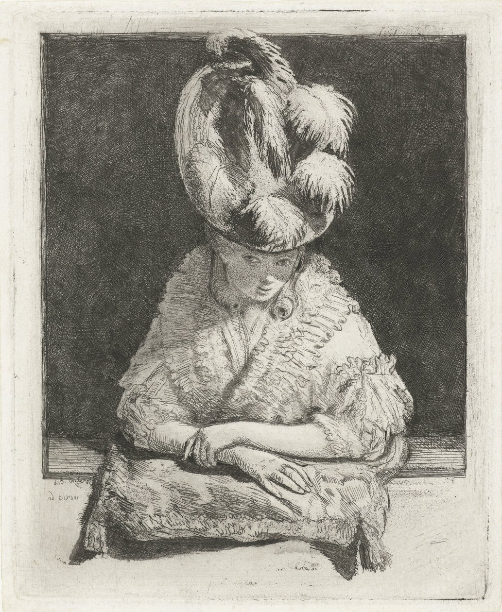 Porträt einer jungen Frau mit Hut, die aus dem Fenster schaut von Louis Bernard Coclers