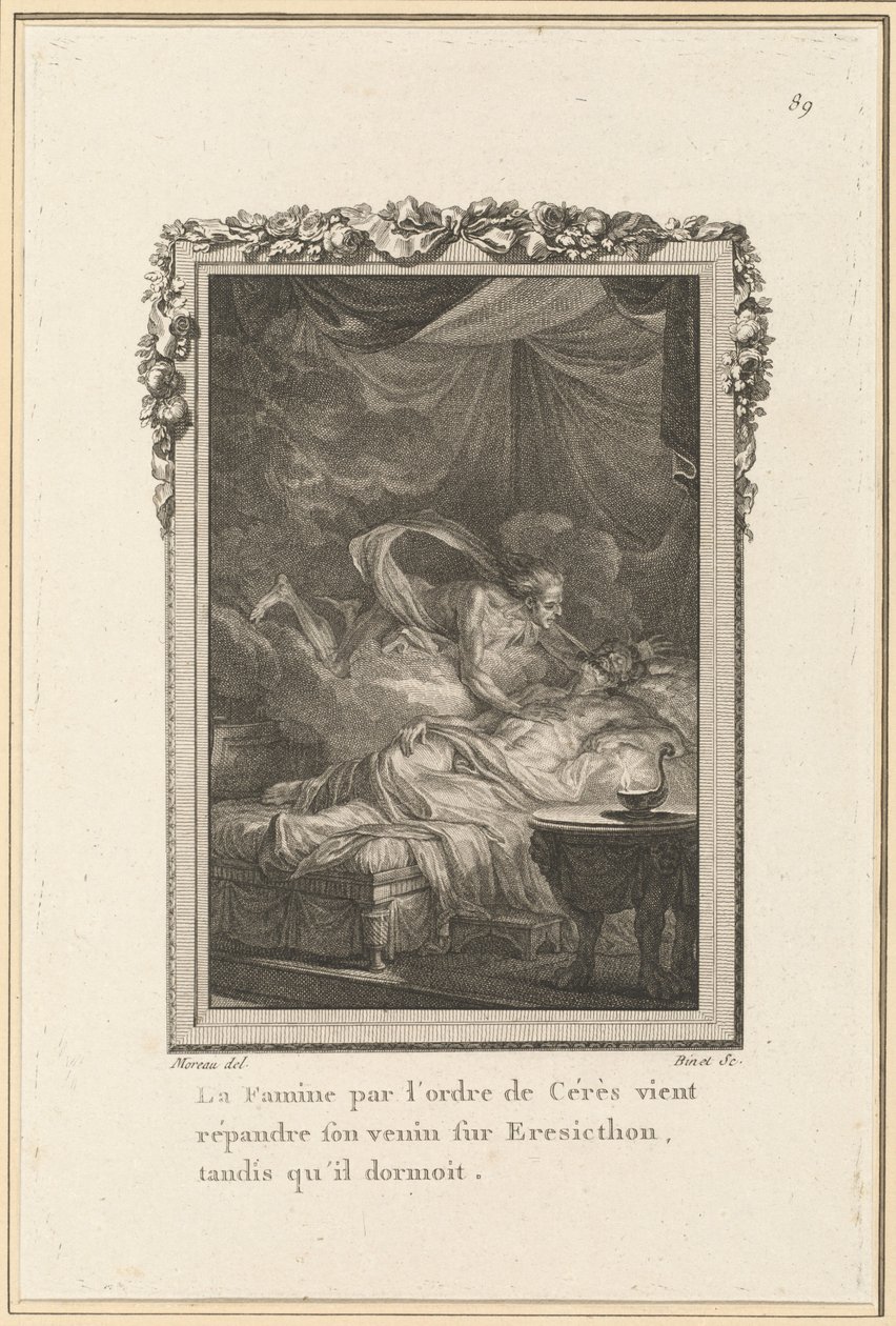 Die Hungersnot durch den Befehl von Ceres verbreitet ihr Gift über Eresicthon, während er schlief von Louis Binet after Jean Michel Moreau