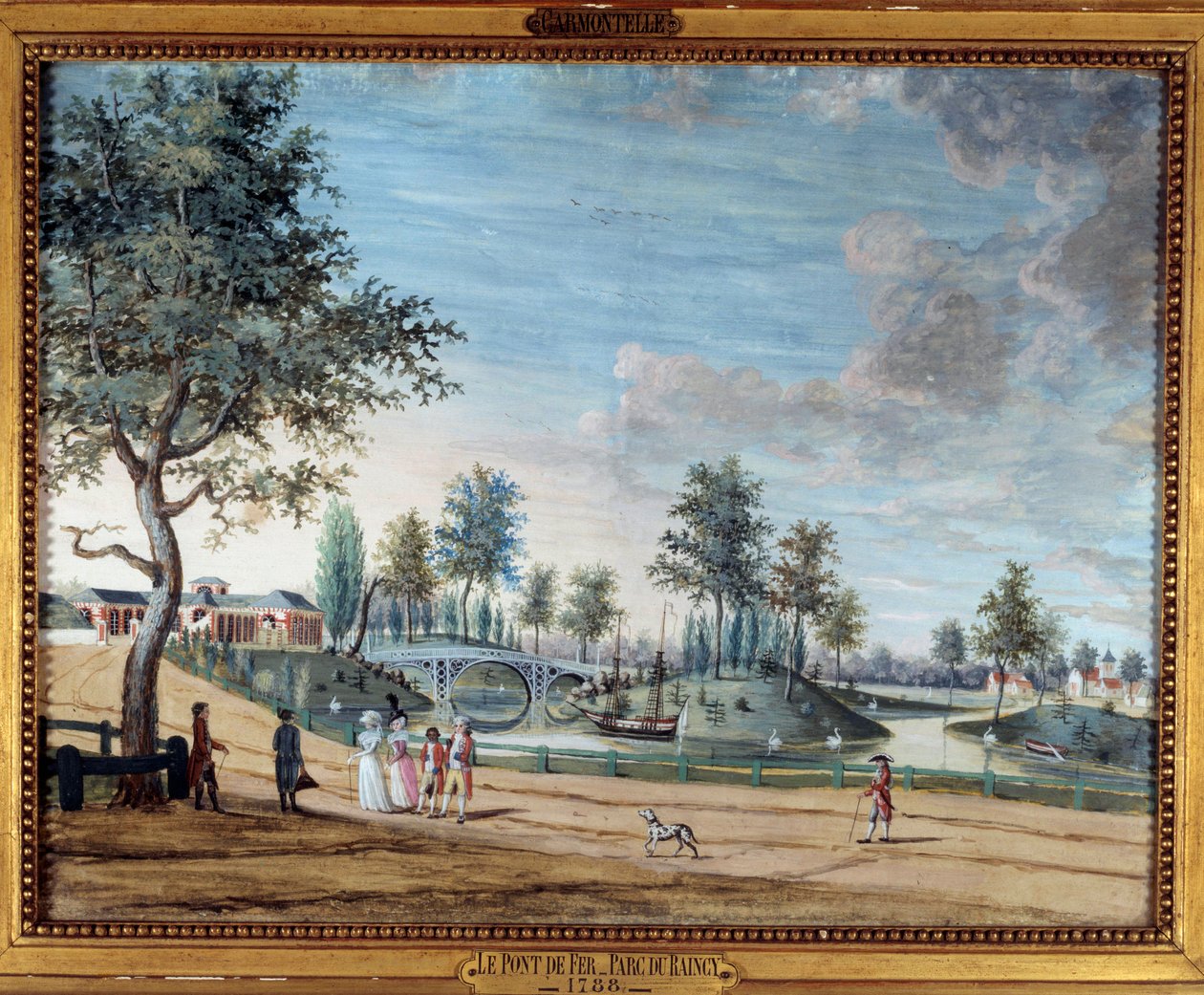 Ansicht der Eisenbrücke im Parc du Raincy von Louis Carrogis Carmontelle