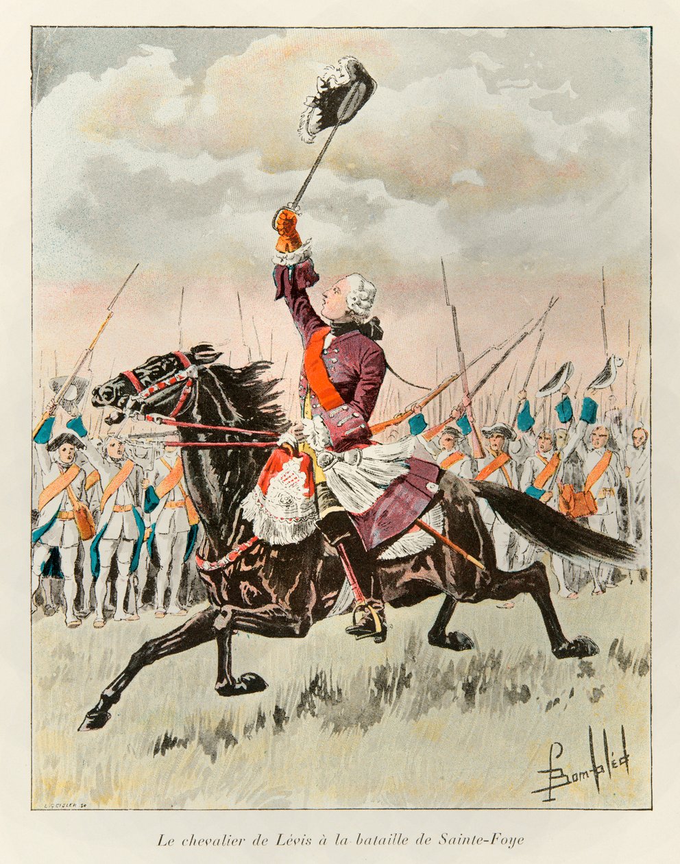 Der Chevalier de Levis (Francois Gaston de Levis 1719 - 1787) in der Schlacht von Sainte Foy im Jahr 1760 gegen die Engländer; Eugene Guenins Geschichte von Neufrankreich - 1900 - Sammlung, Teil von Louis Charles Bombled