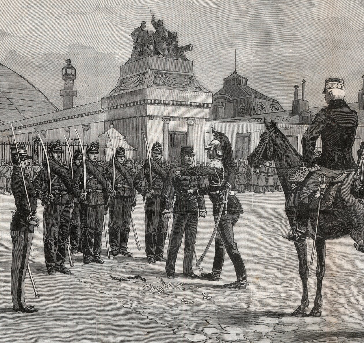 Degradierung von Alfred Dreyfus - Dreyfus-Affäre: Die Degradierung von Alfred Dreyfus im Hof der Militärschule Paris, 5. Januar 1895. Gravur in „Le monde illustré“ von 1895 - Zeichnung von Bombled von Louis Charles Bombled