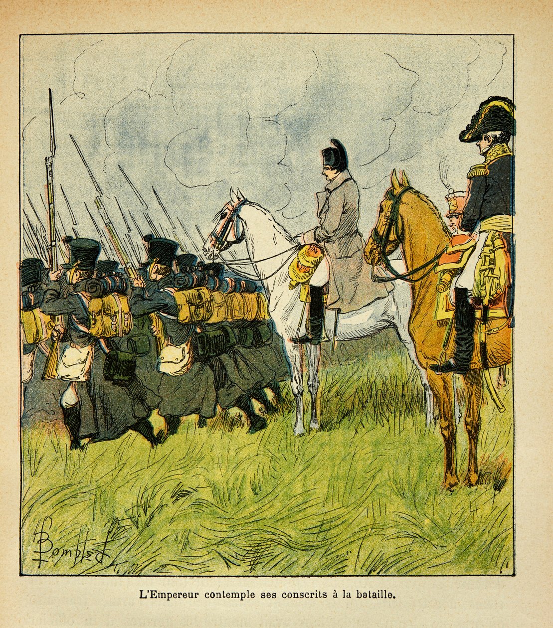Illustration von Louis Bombled aus dem Buch „Das Memorial von Saint Helene“ von Graf Emmanuel de Las Cases: Kaiser Napoleon betrachtet seine Rekruten während einer Schlacht, Private Sammlung von Louis Charles Bombled