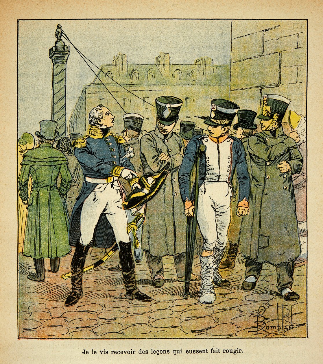 Illustration von Louis Bombled aus dem Buch „Das Memorial von Saint Helene“ von Graf Emmanuel de Las Cases: Ein ehemaliger Offizier Napoleons ruft unter der Restauration ehemalige Rekruten auf, das Kaiserreich abzulehnen, Teilsammlung von Louis Charles Bombled