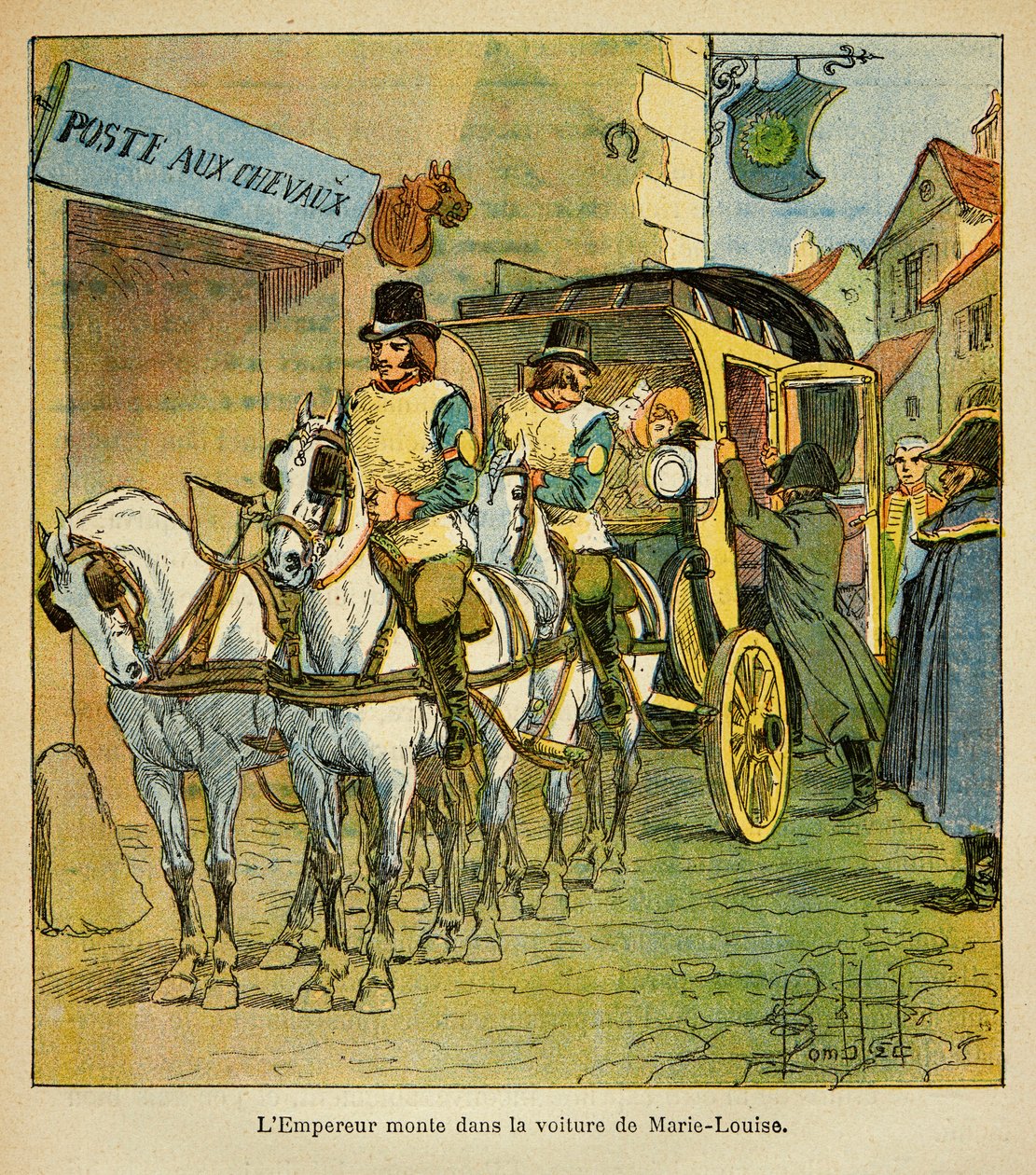 Illustration von Louis Bombled aus dem Buch „Das Memorial von Saint Helene“ von Graf Emmanuel de Las Cases: Kaiser Napoleon fährt im Wagen, um seine Frau Marie Louise 1810 zu treffen, Private Sammlung von Louis Charles Bombled