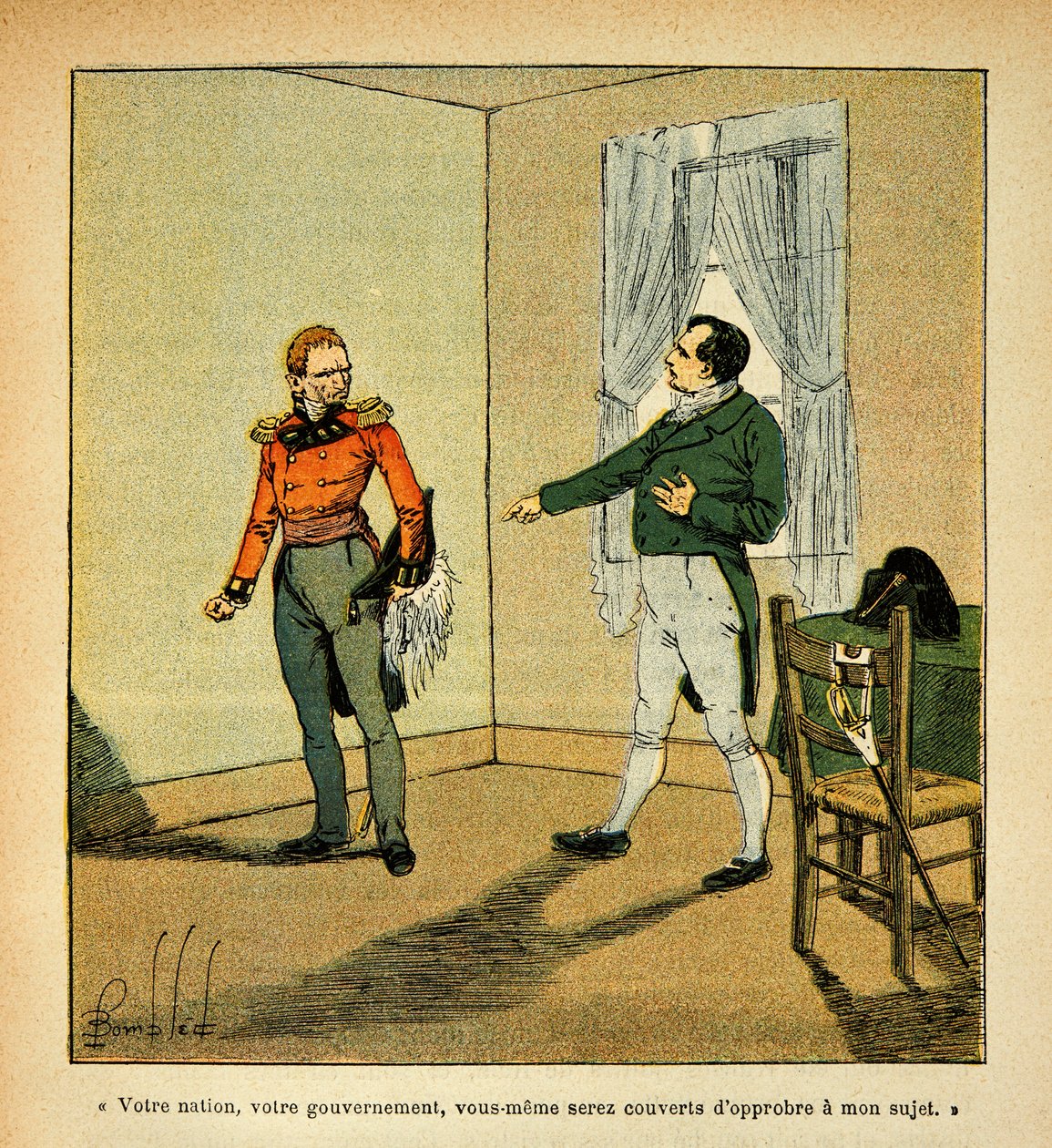 Illustration von Louis Bombled (1862-1927) aus dem Buch „Das Memorial von St. Helena“ von Graf Emmanuel de Las Cases (1766-1842): Kaiser Napoleon tadelt Gouverneur Hudson Lowe (1769-1844) für sein Verhalten von Louis Charles Bombled