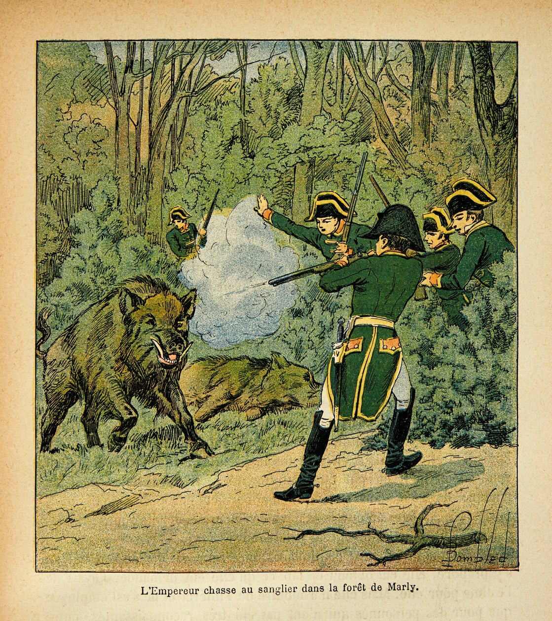 Illustration aus dem Buch „The Memorial of Saint Helene“ von Graf Emmanuel de Las Cases: Der Kaiser Napoleon jagt den Eber im Wald von Marly von Louis Charles Bombled
