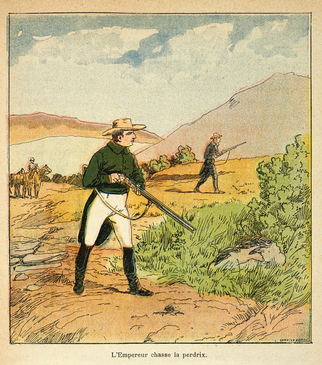 Illustration aus dem Buch „Das Memorial von Saint Helene“ von Graf Emmanuel de Las Cases: Napoleon jagt mit Las Cases in Ste Helene im August 1816 von Louis Charles Bombled