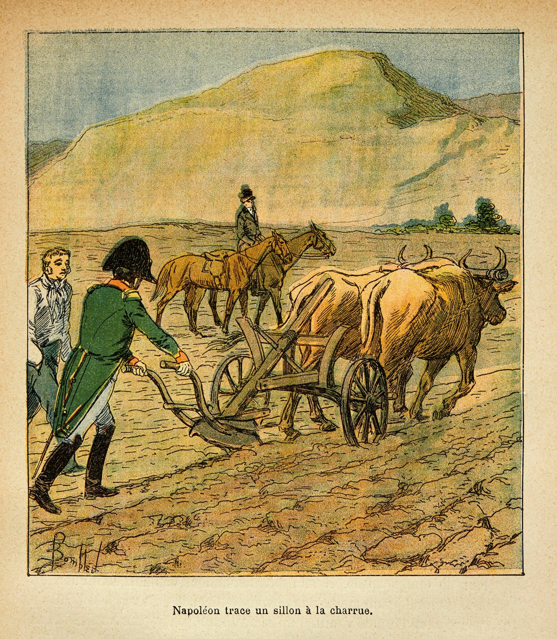 Auf St. Helene zieht der Kaiser Napoleon eine Furche mit dem Pflug, aus dem Buch „The Memorial of Saint Helene“ von Graf Emmanuel de Las Cases von Louis Charles Bombled