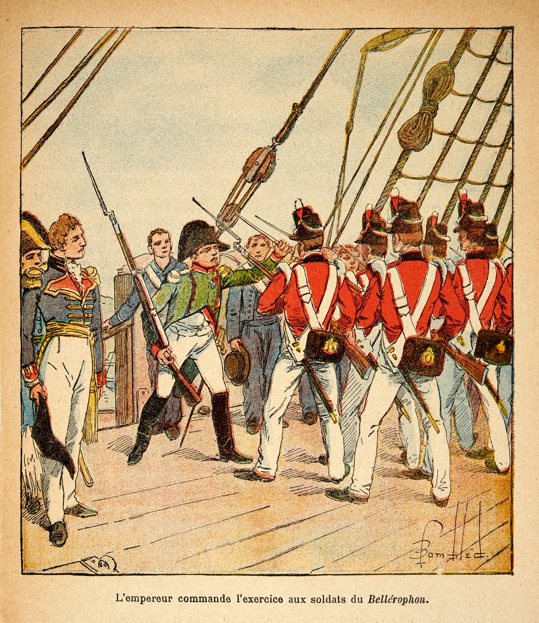 Kaiser Napoleon befiehlt die Übung der englischen Soldaten an Bord der Bellerophon, aus dem Buch „The Memorial of Saint Helene“ von Graf Emmanuel de Las Cases von Louis Charles Bombled