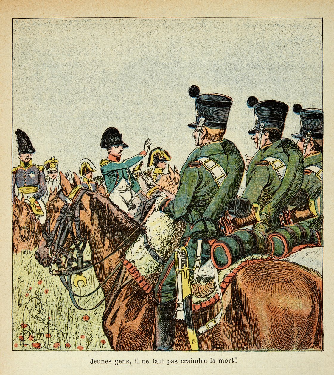 Napoleon hält eine Ansprache an die Truppen, aus dem Buch „The Memorial of Saint Helene“ von Graf Emmanuel de Las Cases von Louis Charles Bombled