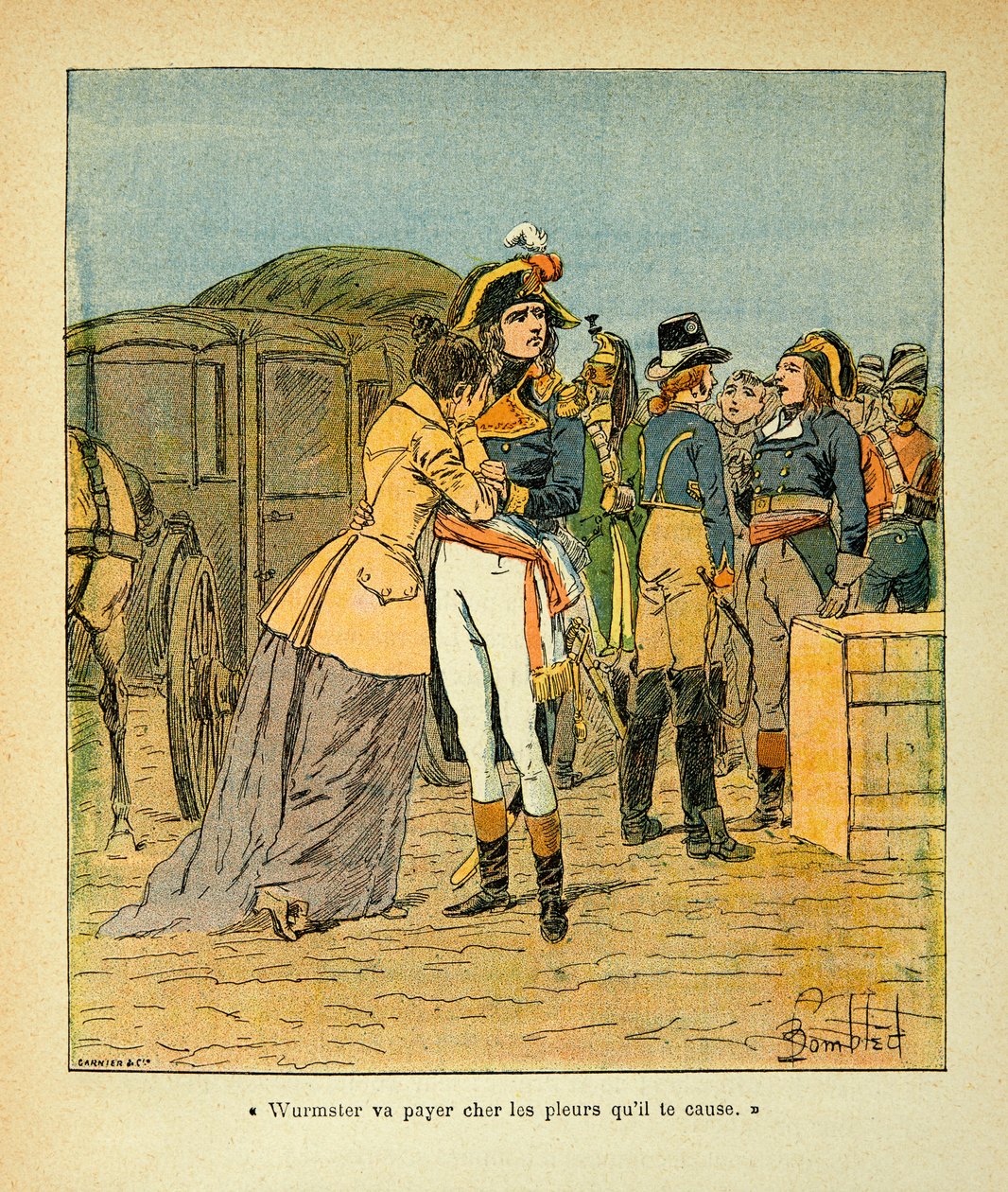 Illustration von Louis Bombled (1862-1927) aus dem Buch „Das Memorial von Saint Helena“ von Graf Emmanuel de Las Cases (1766-1842): Bonaparte tröstet Josephine nach dem Angriff auf sein Auto während des Italienfeldzugs, Privatbesitz von Louis Charles Bombled