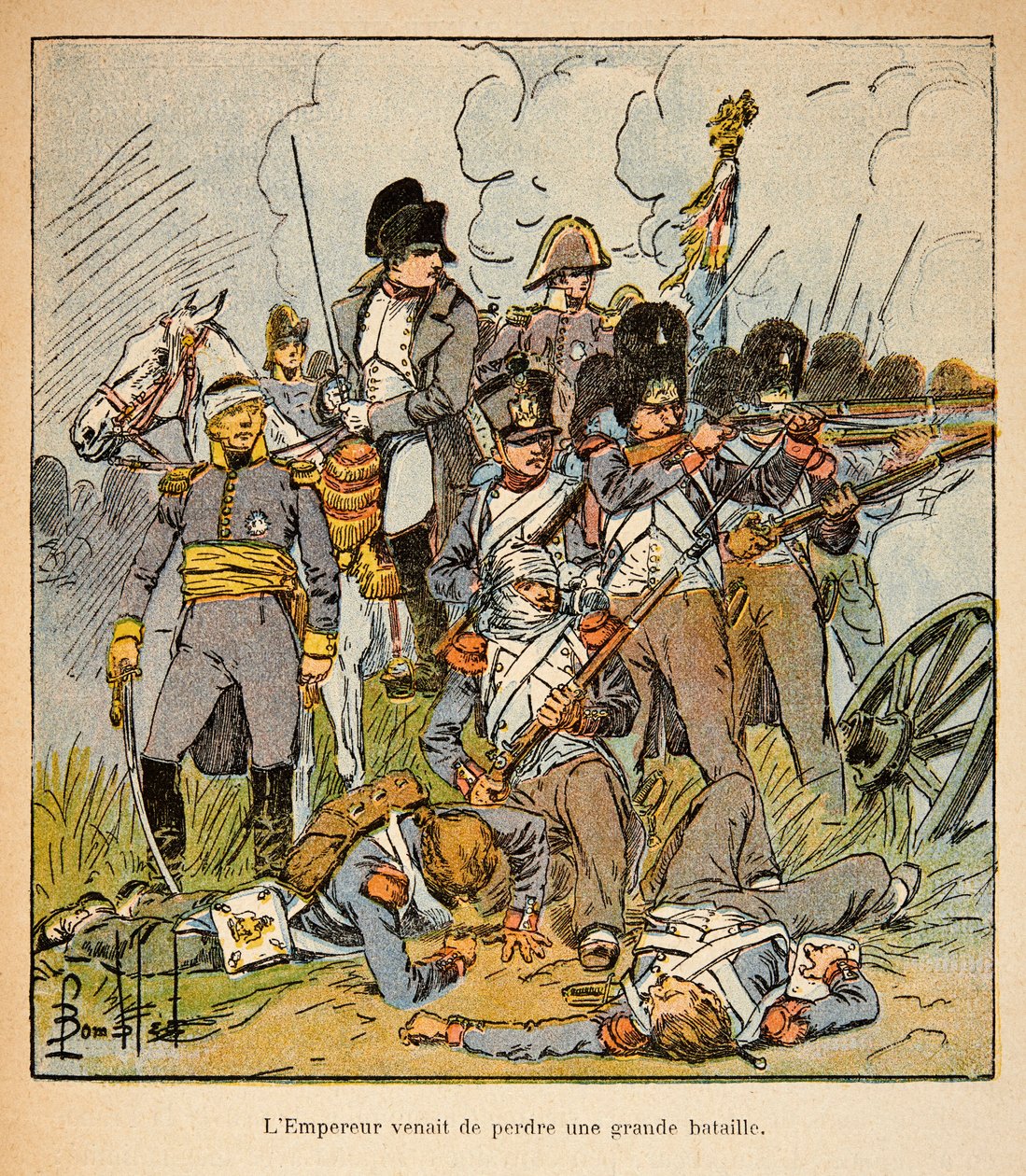 Illustration aus dem Buch „The Memorial of St. Helene“ von Graf Emmanuel de Las Cases: Der Kaiser Napoleon in der Schlacht von Waterloo im Jahr 1815 von Louis Charles Bombled