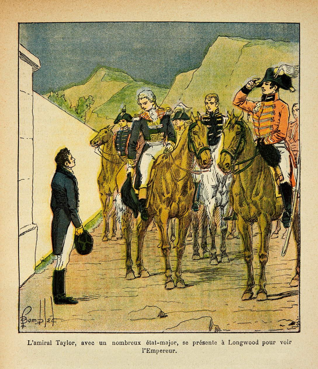 Admiral Taylor mit einem Generalstab stellt sich in Longwood vor, um Kaiser Napoleon zu treffen, aus dem Buch „The Memorial of St. Helene“ von Graf Emmanuel de Las Cases von Louis Charles Bombled
