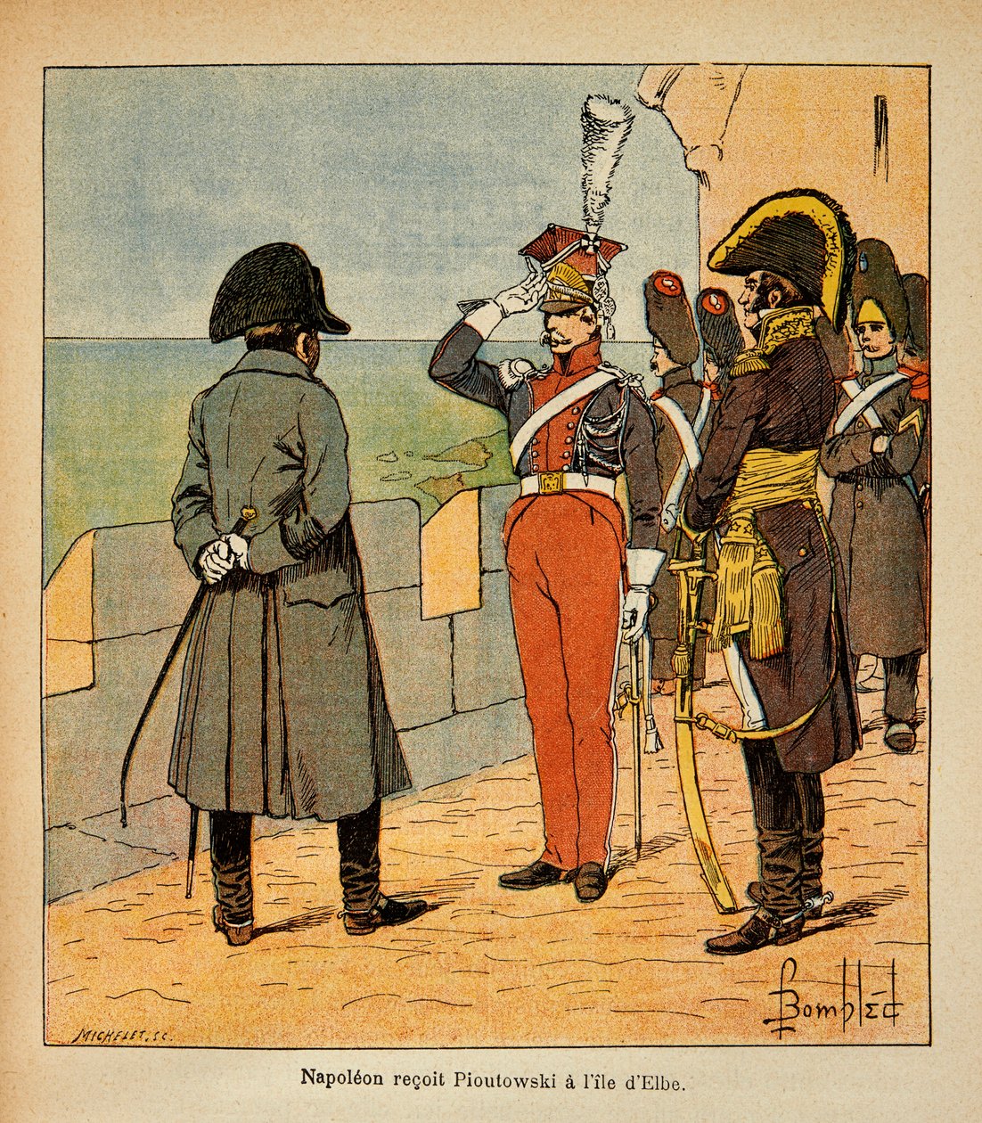 Illustration von Louis Bombled aus dem Buch „Das Memorial von Saint Helene“ von Graf Emmanuel de Las Cases: Kaiser Napoleon empfängt Marschall Poniatowski auf der Insel Elba von Louis Charles Bombled