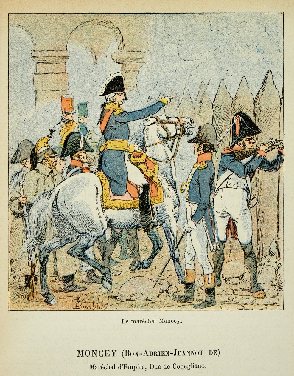 Illustration von Louis Bombled aus dem Buch „Das Memorial von Saint Helene“ von Graf Emmanuel de Las Cases: Marschall Bon Adrien Jeannot de Moncey, Herzog von Conegliano, Private Sammlung von Louis Charles Bombled