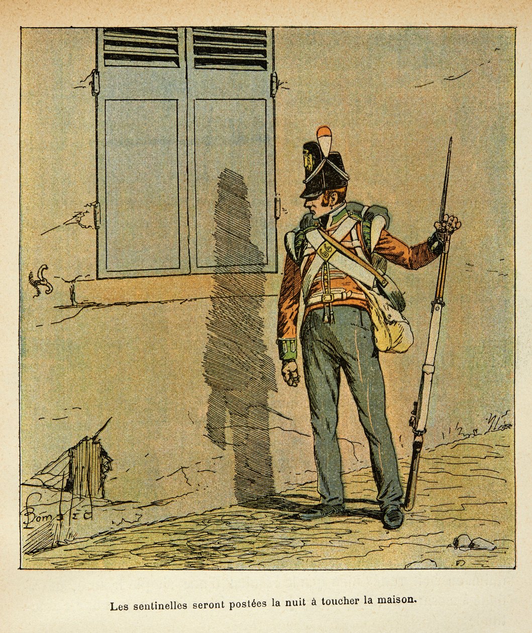 Illustration von Louis Bombled aus dem Buch „Das Memorial von Saint Helene“ von Graf Emmanuel de Las Cases: Englischer Wachposten in der Nähe des Hauses des Kaisers in St. Helene, Private Sammlung von Louis Charles Bombled