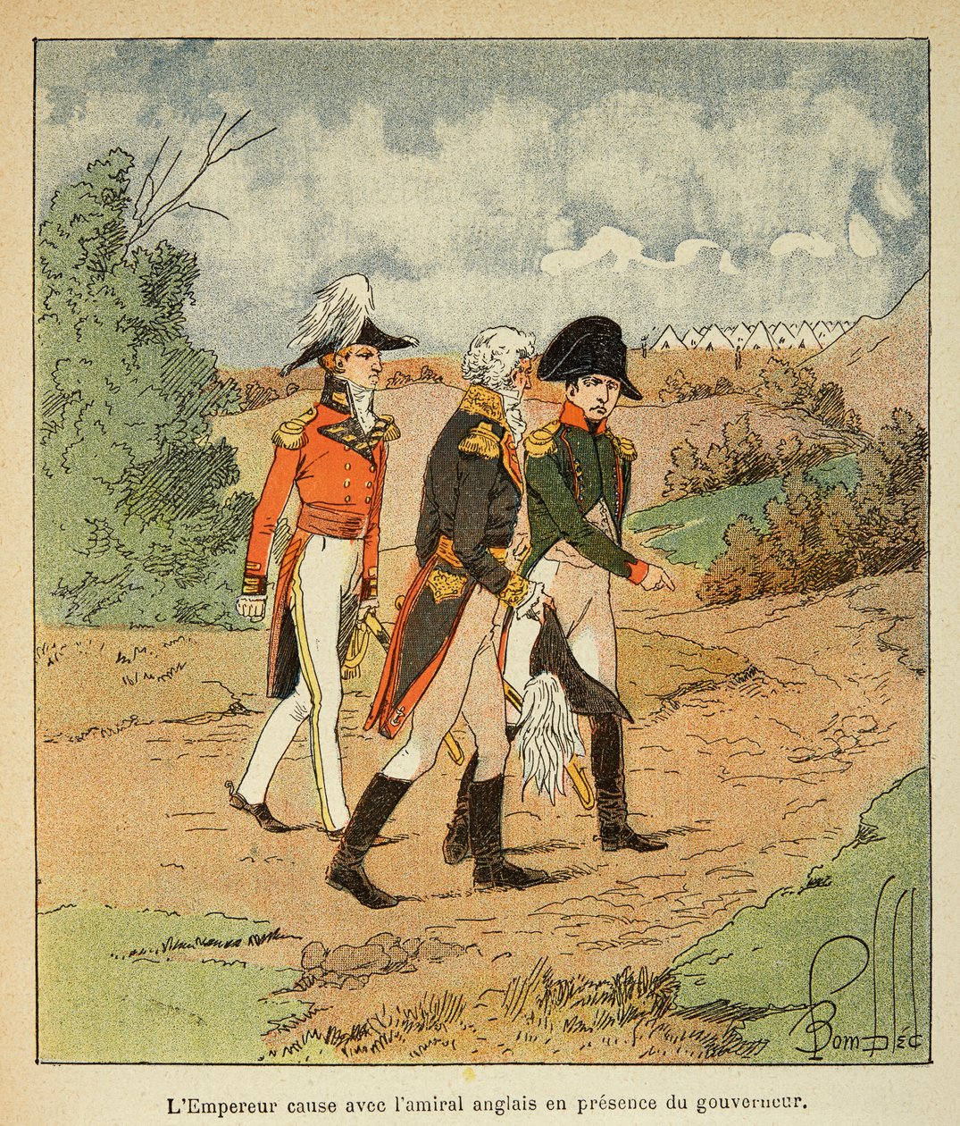 Illustration von Louis Bombled aus dem Buch „Das Memorial von Saint Helene“ von Graf Emmanuel de Las Cases: Gespräch zwischen Napoleon, Gouverneur Hudson Lowe und dem englischen Admiral Cockburn im August 1816 in St. Helene, Private Sammlung von Louis Charles Bombled