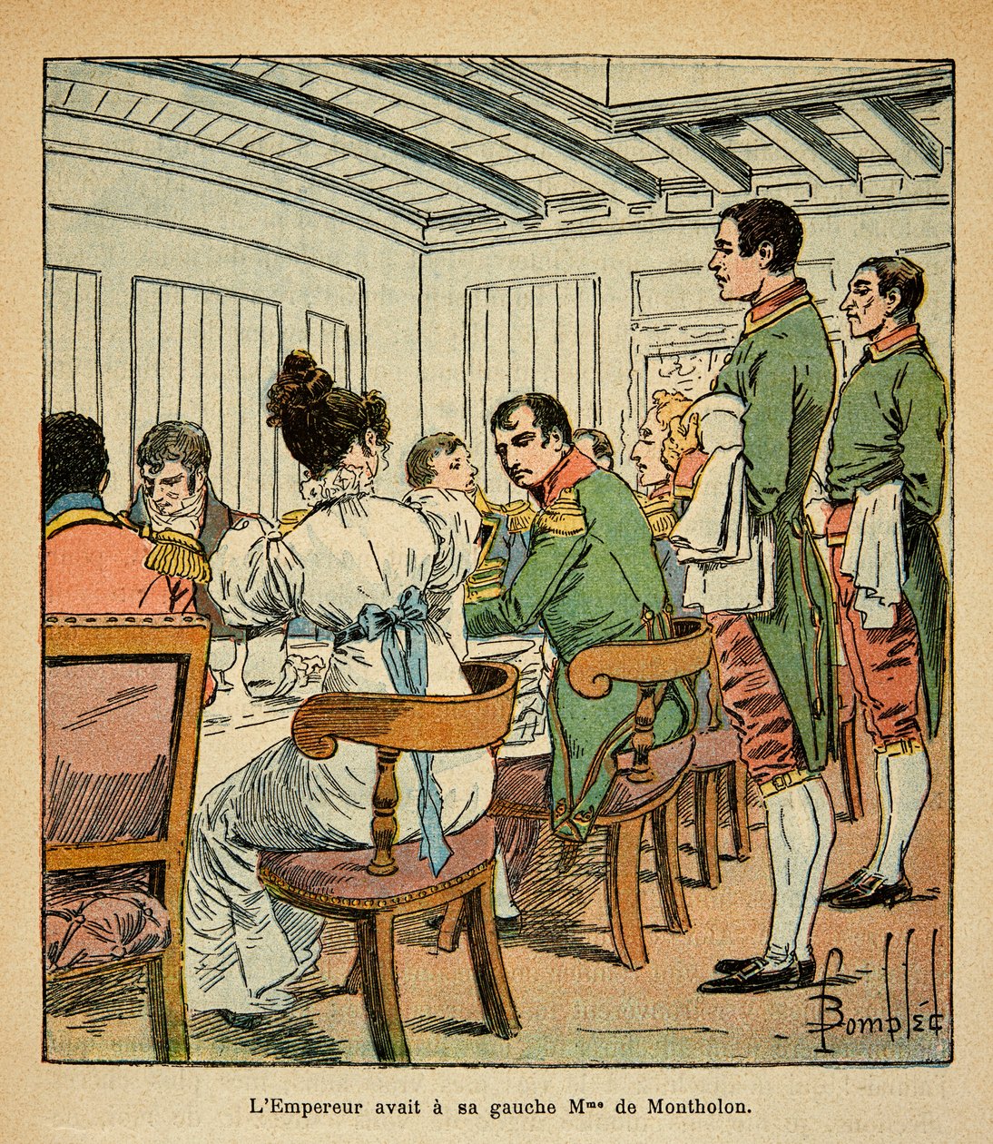 Illustration von Louis Bombled (1862-1927) aus dem Buch „Das Memorial von St. Helena“ von Graf Emmanuel de Las Cases (1766-1842): Abendessen von Kaiser Napoleon an Bord der Northumberland auf dem Weg nach St. Helena, mit Frau De Montholon zu seiner Linken von Louis Charles Bombled