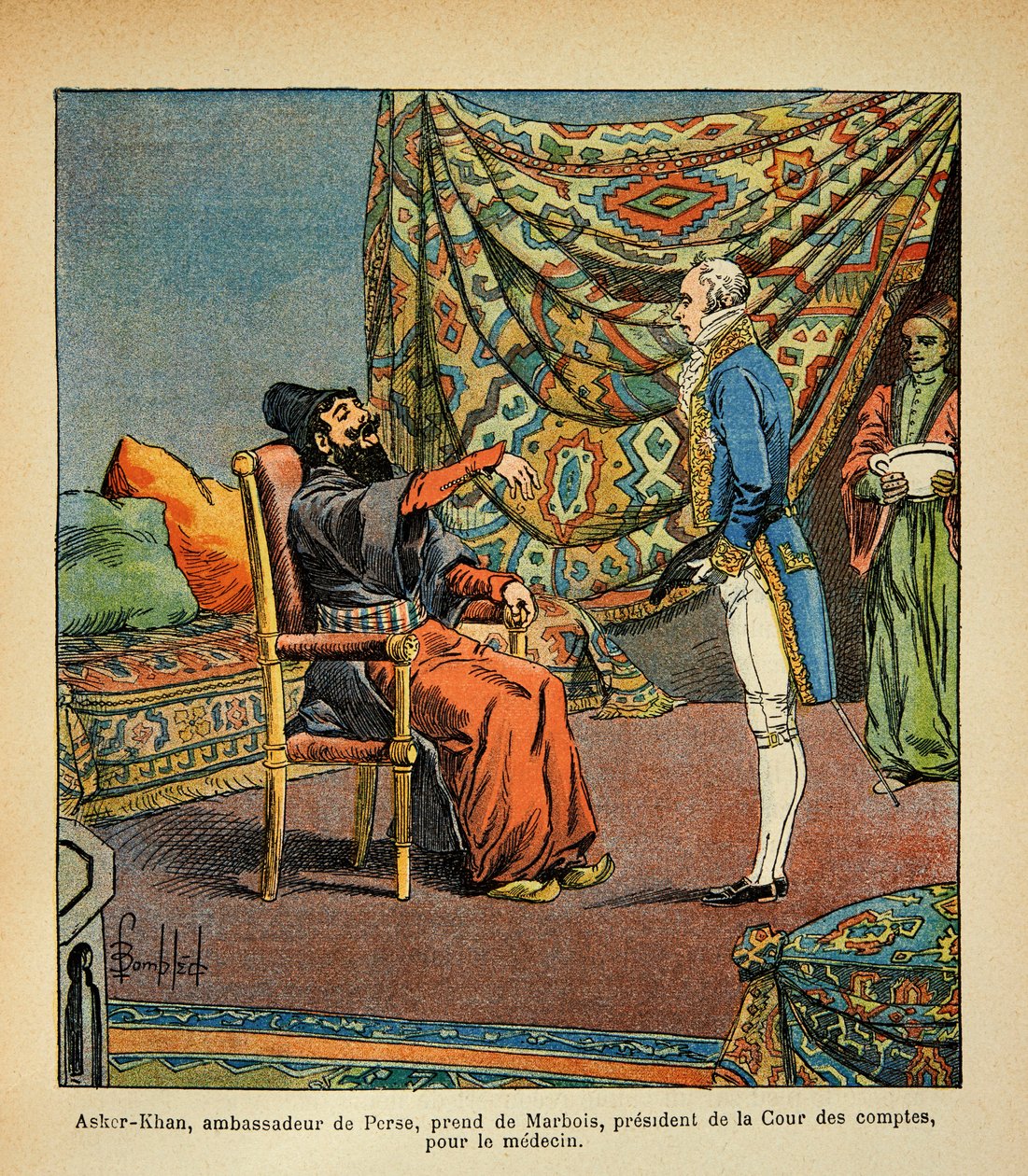 Illustration aus dem Buch „The Memorial of Saint Helene“ von Graf Emmanuel de Las Cases: Der persische Botschafter Asker-Khan besucht Paris und trifft Francois Barbe-Marbois von Louis Charles Bombled