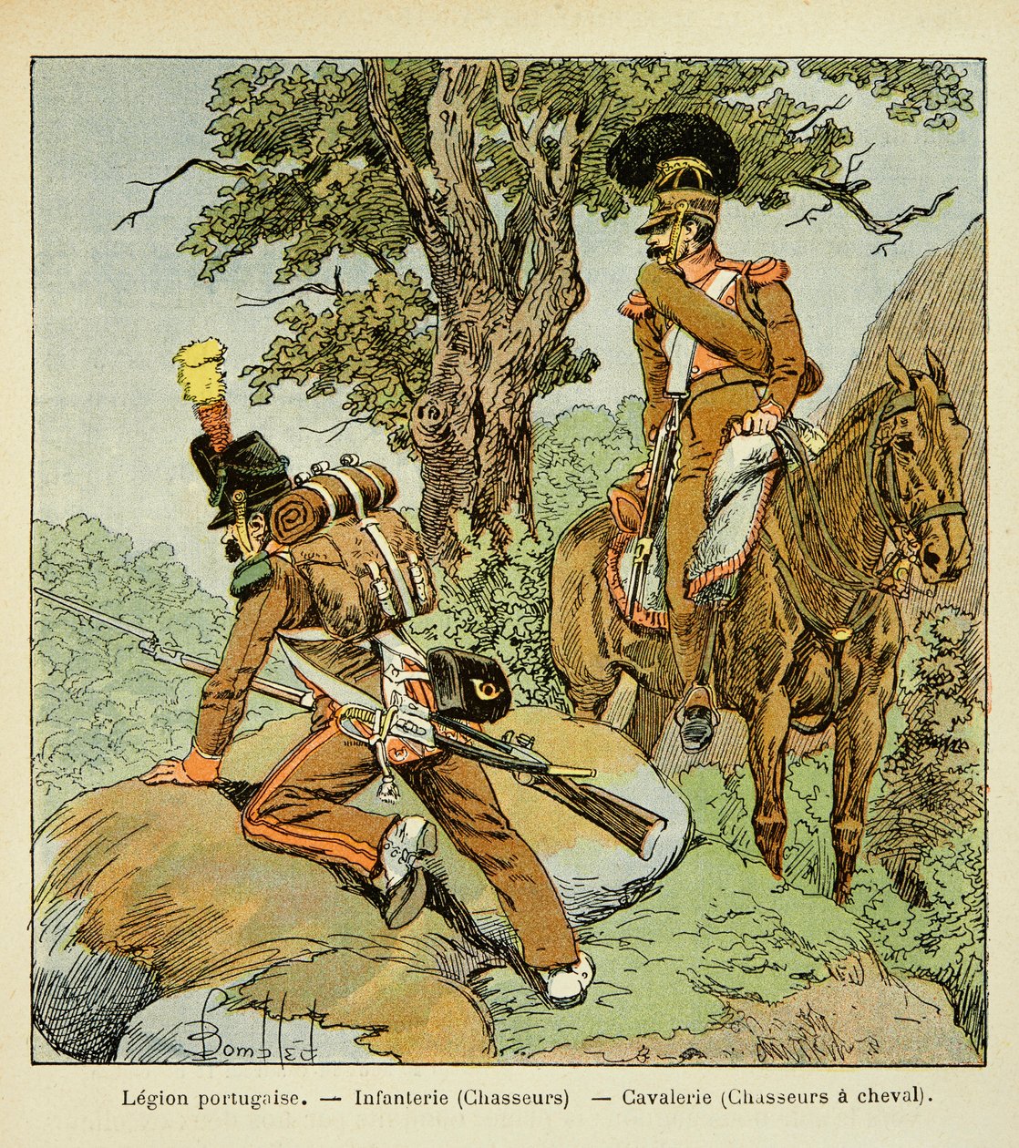 Portugiesische Legion: Infanterie (Jäger) und Kavallerie (Jäger zu Pferd), aus dem Buch „The Memorial of Saint Helene“ von Graf Emmanuel de Las Cases von Louis Charles Bombled