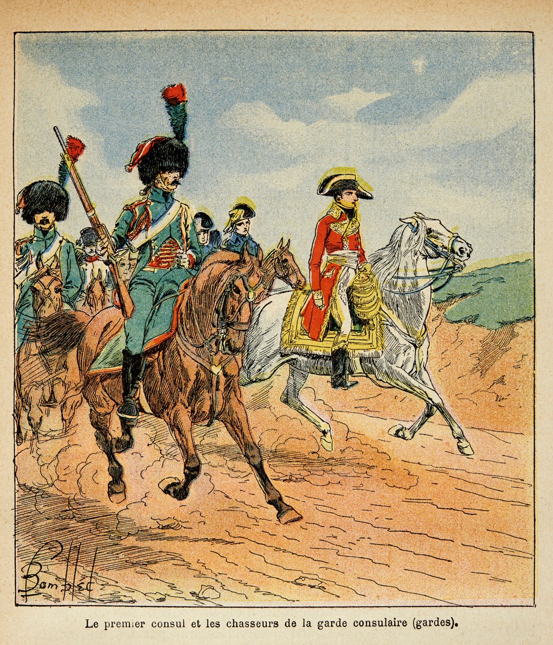 Illustration von Louis Bombled aus dem Buch „Das Memorial von Saint Helene“ von Graf Emmanuel de Las Cases: Der Erste Konsul und Jäger der Konsulargarde von Louis Charles Bombled