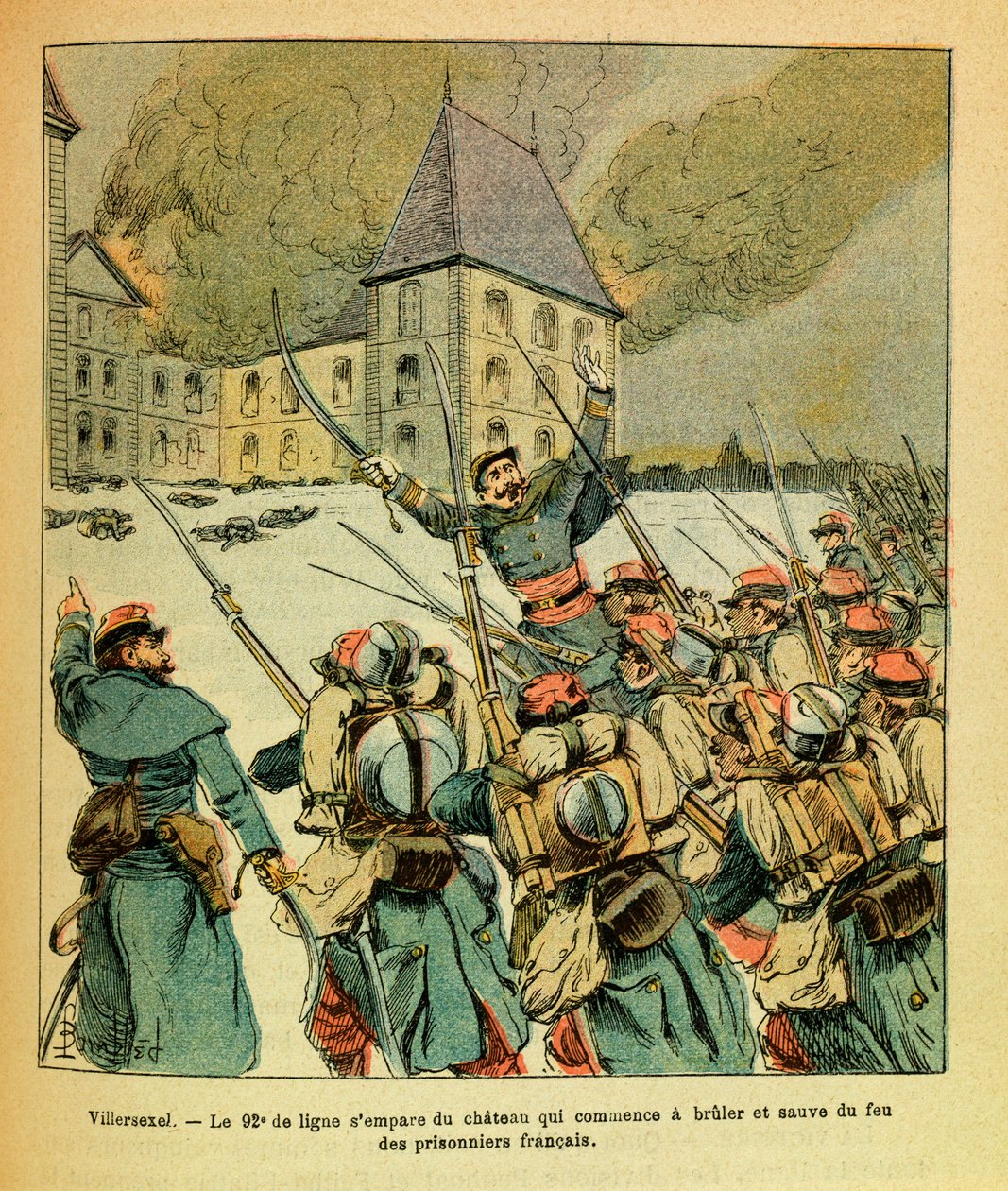 Die östliche Armee von Eugene Sergeant, genannt Grenest, illustriert von Louis Bombled (1862-1927) (Französisch-Deutscher Krieg; Feldzug von 1870-1871): Januar 1871, in Villersexel, das 92. Linienregiment erobert das Schloss, das zu brennen begann und rett von Louis Charles Bombled